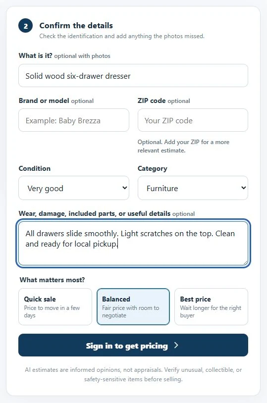 Confirm the details form filled with a sample wood dresser, very good condition, furniture category, and honest wear notes.