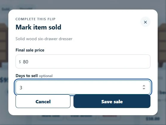 Mark sold dialog for a sample dresser, with an $80 final sale price and 3 days to sell.