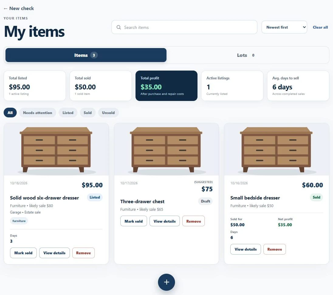 My items with illustrative Draft, Listed, and Sold furniture items, search, filters, sort, and resale totals.