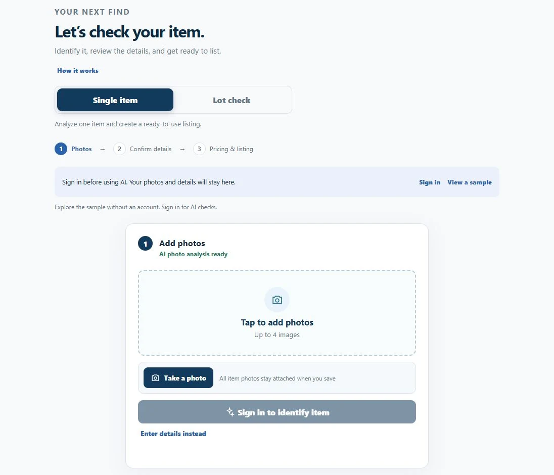 New check screen with Single item and Lot check modes, photo upload, Take a photo, Identify item, and Enter details instead.